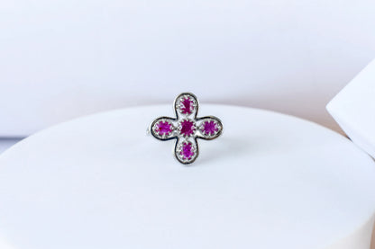 Ruby clover flower ring in 925 silver