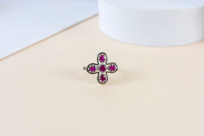 Ruby clover flower ring in 925 silver