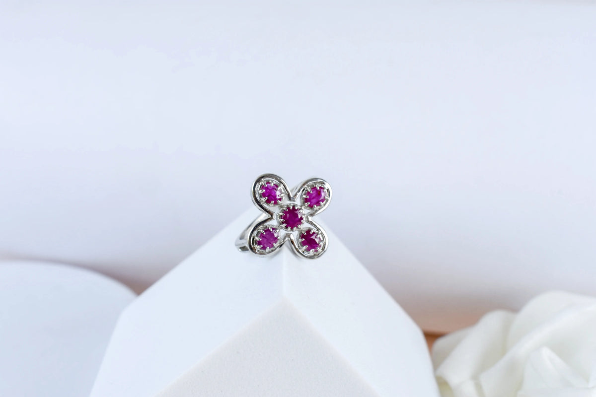 Ruby clover flower ring in 925 silver