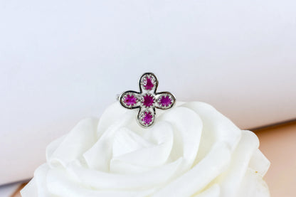 Ruby clover flower ring in 925 silver