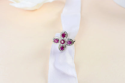 Ruby clover flower ring in 925 silver