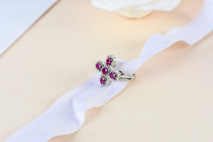 Ruby clover flower ring in 925 silver