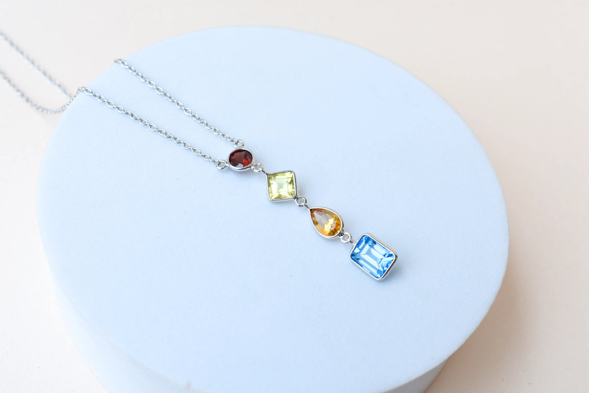 925 Silver Multi Gemstone Station Necklace | Rainbow Colours