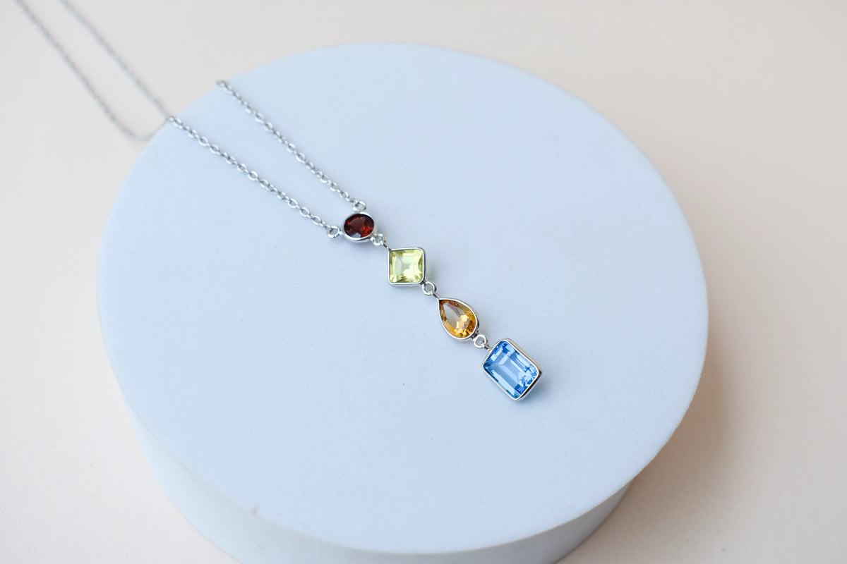 925 Silver Multi Gemstone Station Necklace | Rainbow Colours