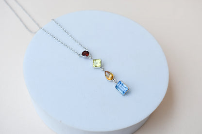 925 Silver Multi Gemstone Station Necklace | Rainbow Colours
