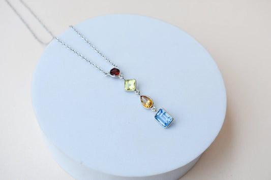 925 Silver Multi Gemstone Station Necklace | Rainbow Colours