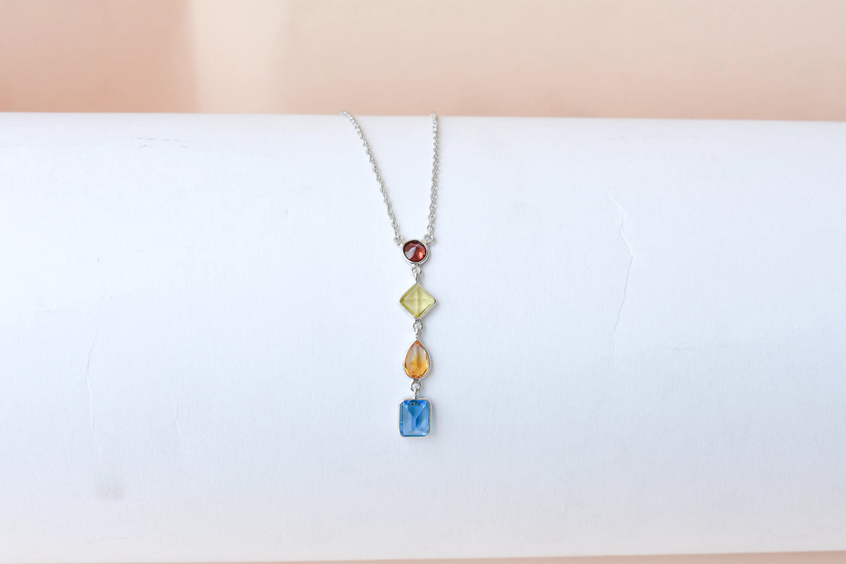 925 Silver Multi Gemstone Station Necklace | Rainbow Colours