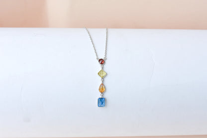 925 Silver Multi Gemstone Station Necklace | Rainbow Colours