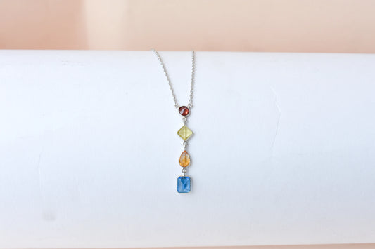 925 Silver Multi Gemstone Station Necklace | Rainbow Colours