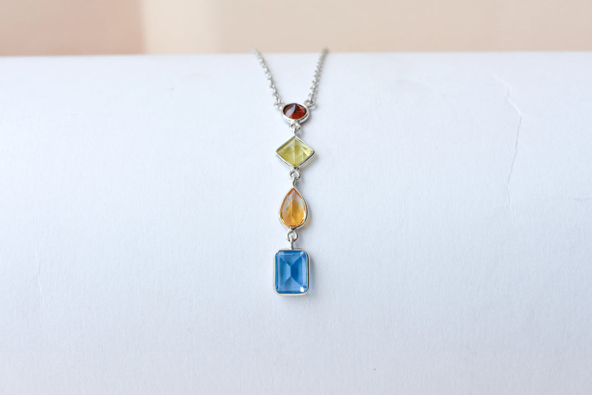 925 Silver Multi Gemstone Station Necklace | Rainbow Colours