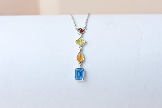925 Silver Multi Gemstone Station Necklace | Rainbow Colours