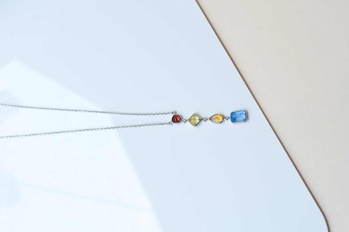 925 Silver Multi Gemstone Station Necklace | Rainbow Colours