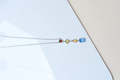 925 Silver Multi Gemstone Station Necklace | Rainbow Colours