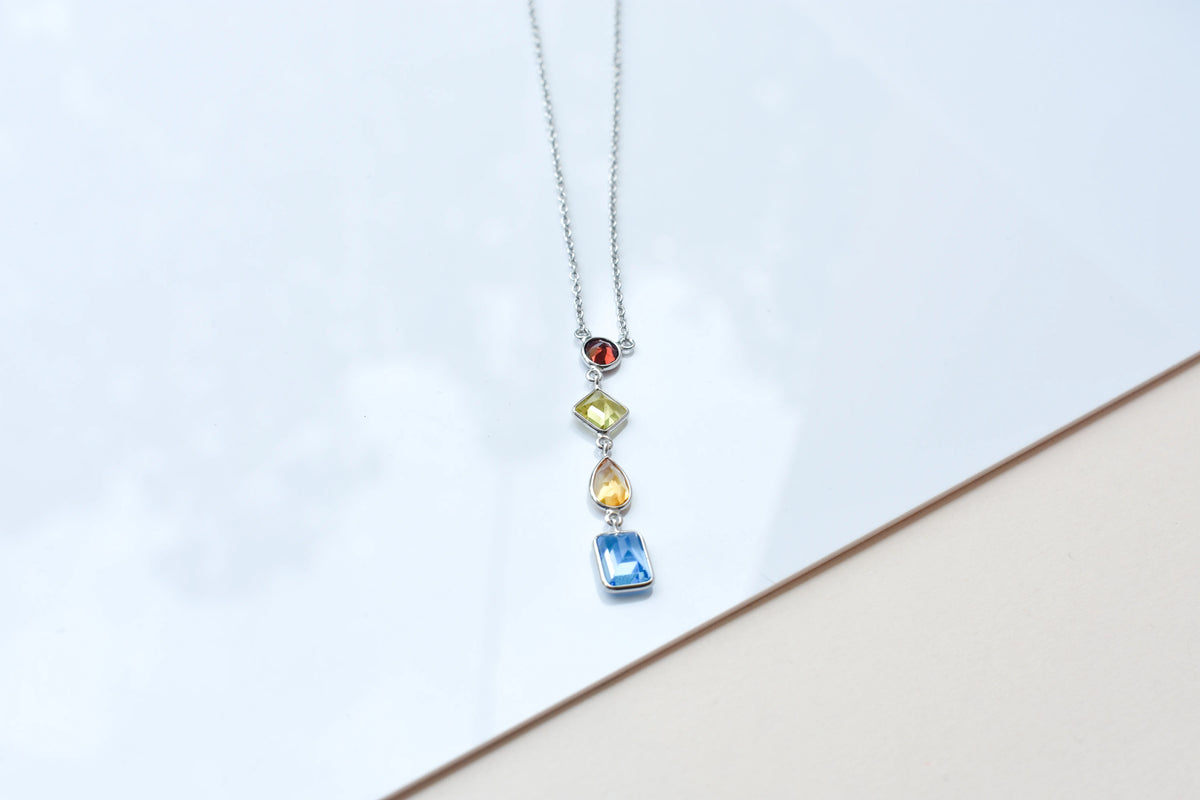 925 Silver Multi Gemstone Station Necklace | Rainbow Colours
