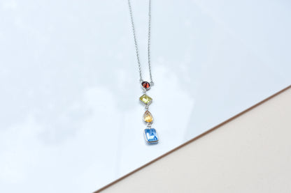 925 Silver Multi Gemstone Station Necklace | Rainbow Colours