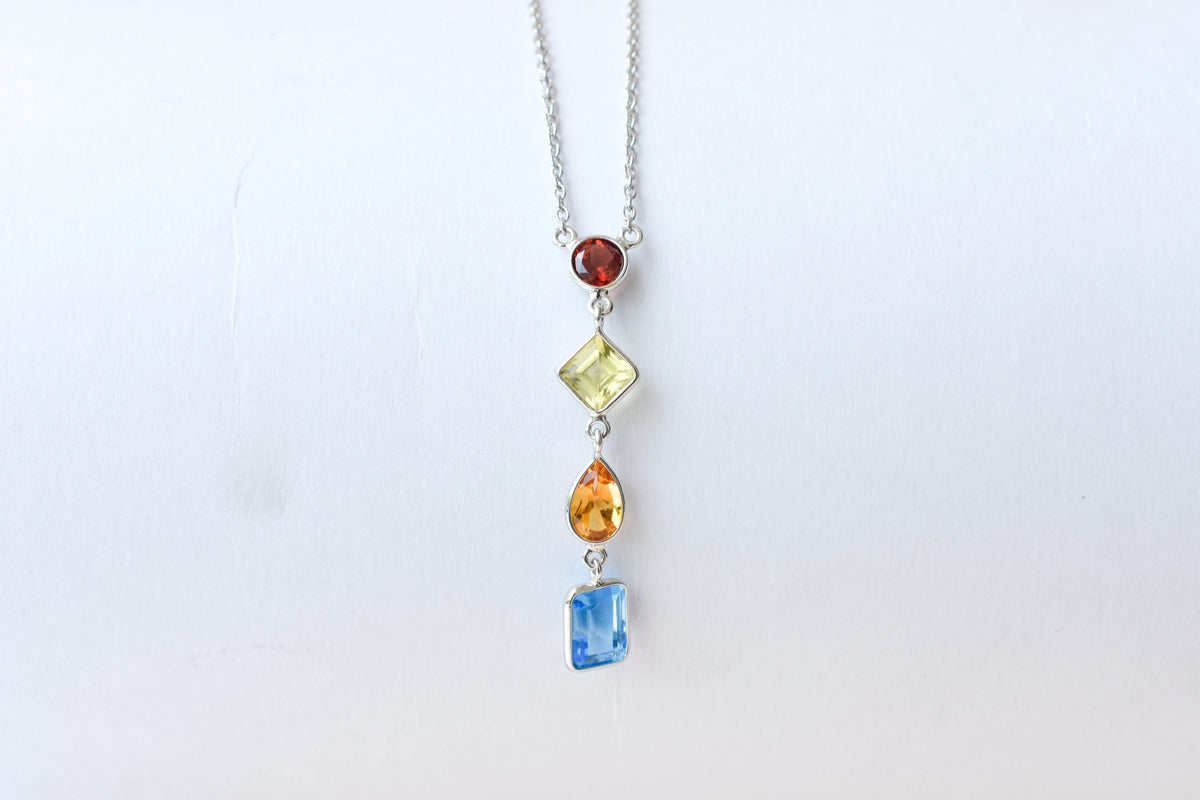 925 Silver Multi Gemstone Station Necklace | Rainbow Colours