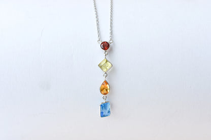 925 Silver Multi Gemstone Station Necklace | Rainbow Colours