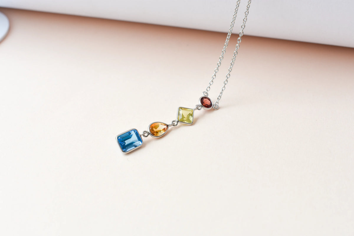 925 Silver Multi Gemstone Station Necklace | Rainbow Colours