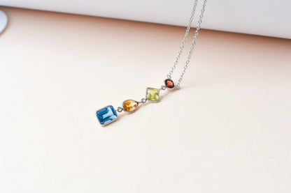 925 Silver Multi Gemstone Station Necklace | Rainbow Colours