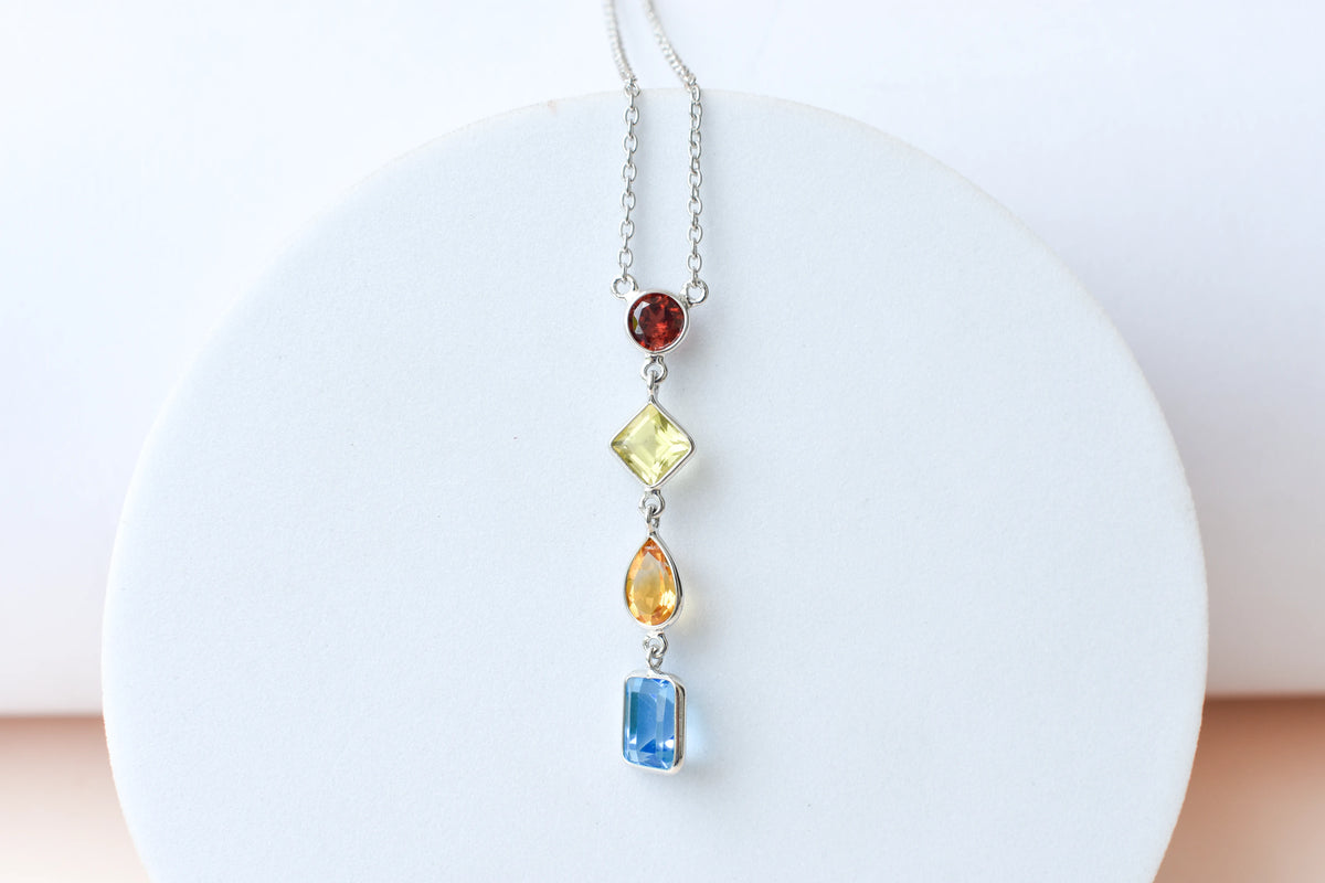 925 Silver Multi Gemstone Station Necklace | Rainbow Colours
