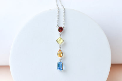 925 Silver Multi Gemstone Station Necklace | Rainbow Colours