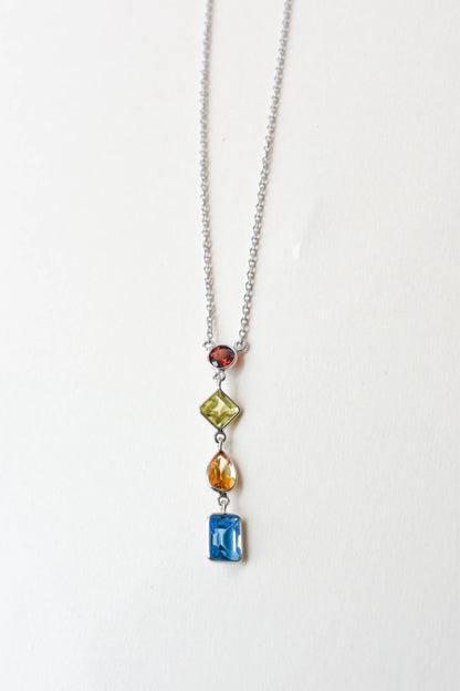 925 Silver Multi Gemstone Station Necklace | Rainbow Colours