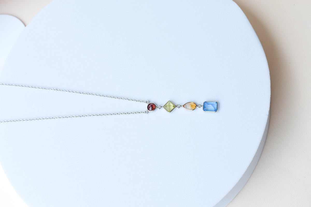 925 Silver Multi Gemstone Station Necklace | Rainbow Colours