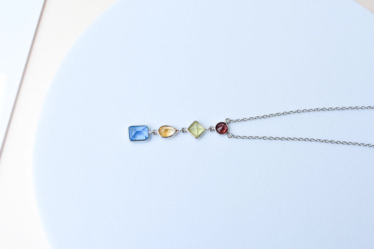 925 Silver Multi Gemstone Station Necklace | Rainbow Colours
