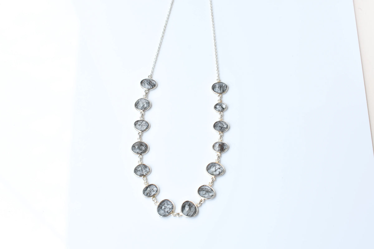 Black Rutilated Quartz Necklace in 925 Silver | Multi-Strand