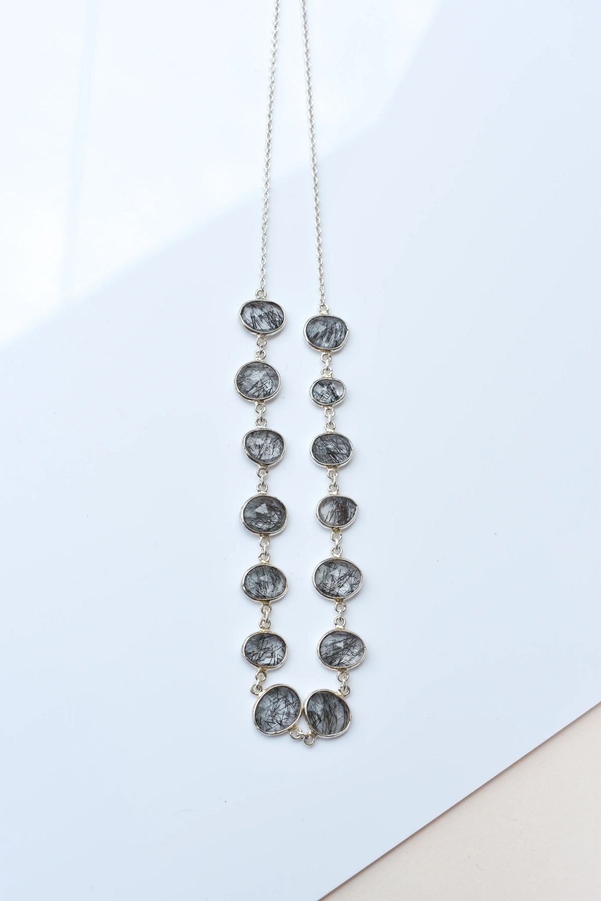 Black Rutilated Quartz Necklace in 925 Silver | Multi-Strand