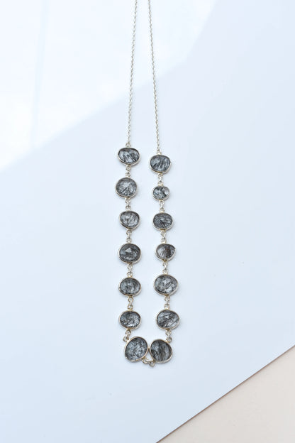 Black Rutilated Quartz Necklace in 925 Silver | Multi-Strand