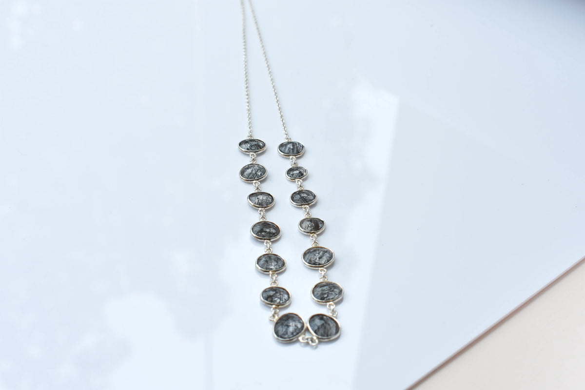 Black Rutilated Quartz Necklace in 925 Silver | Multi-Strand