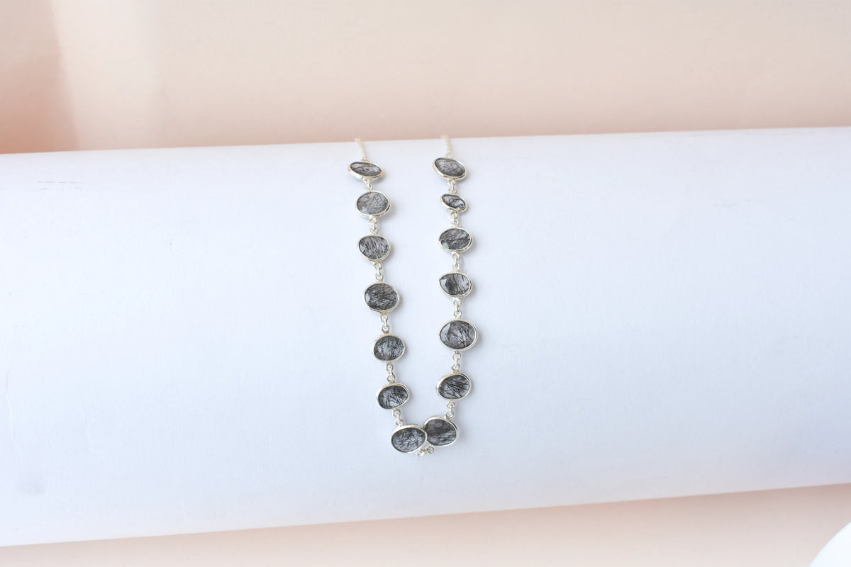 Black Rutilated Quartz Necklace in 925 Silver | Multi-Strand
