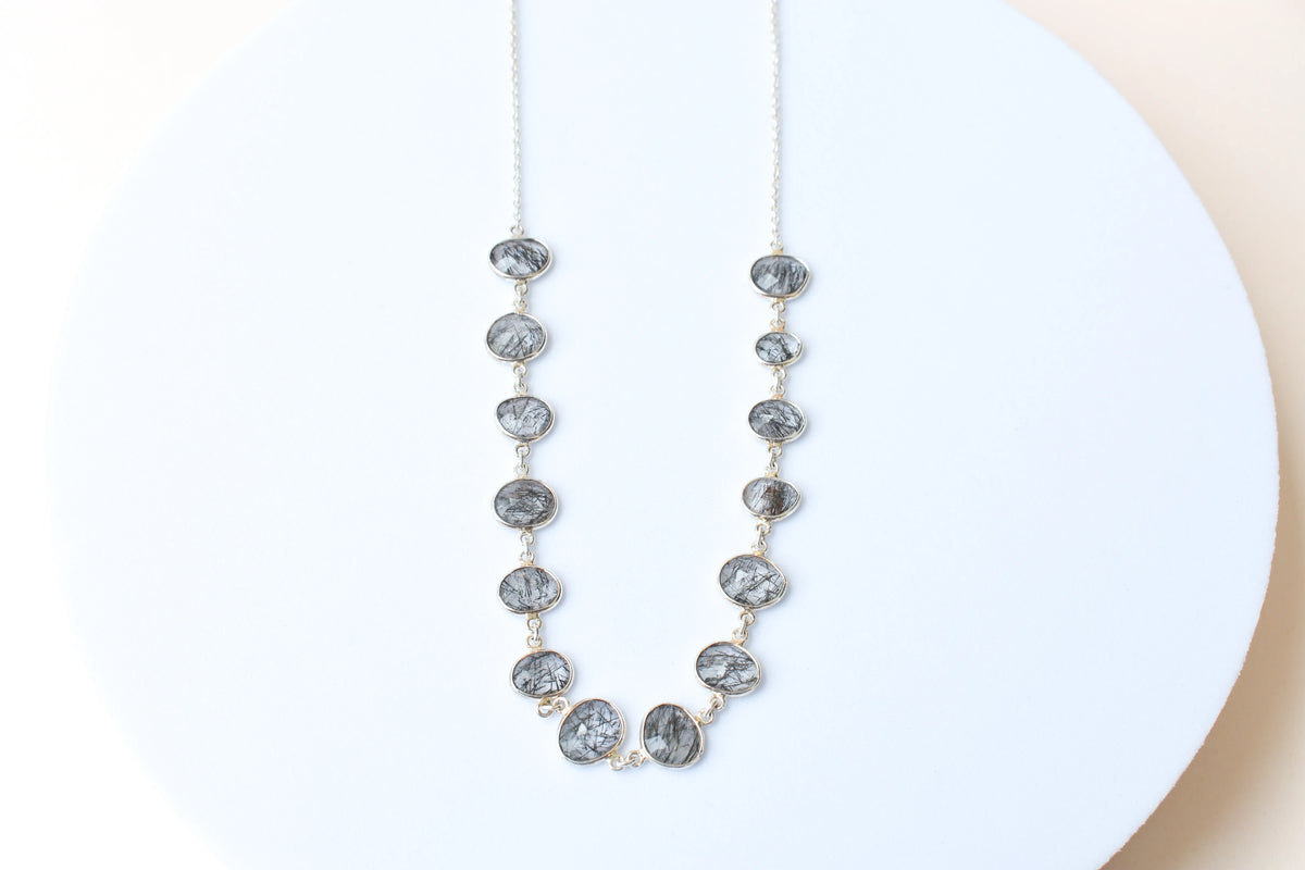 Black Rutilated Quartz Necklace in 925 Silver | Multi-Strand