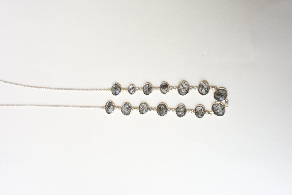 Black Rutilated Quartz Necklace in 925 Silver | Multi-Strand