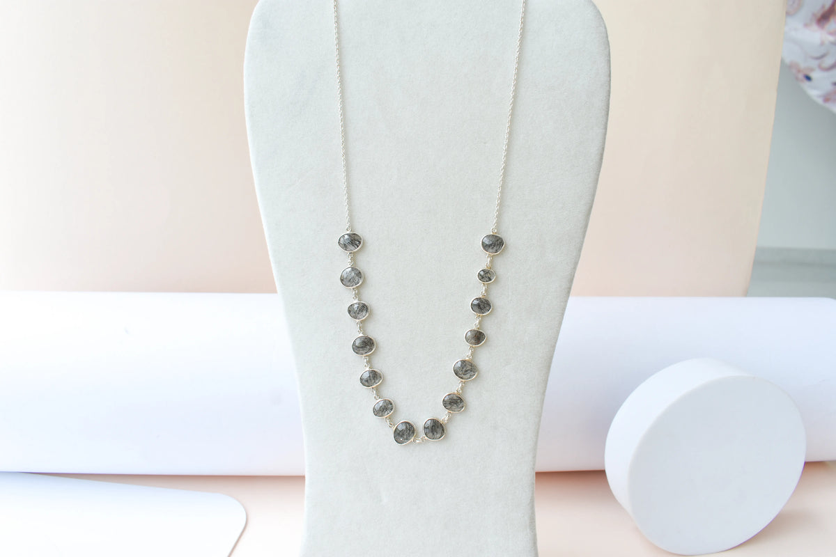 Black Rutilated Quartz Necklace in 925 Silver | Multi-Strand