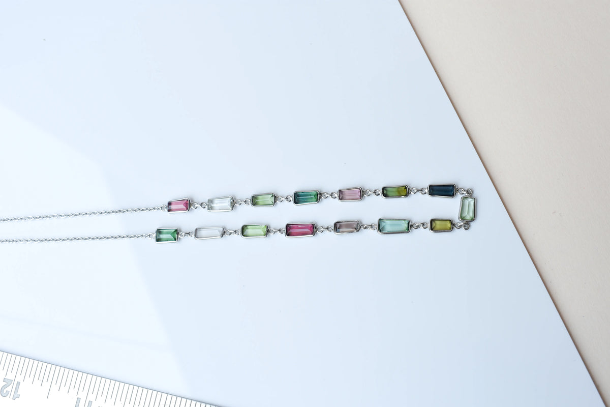 Multi Color Tourmaline Necklace in 925 Silver | Station Design