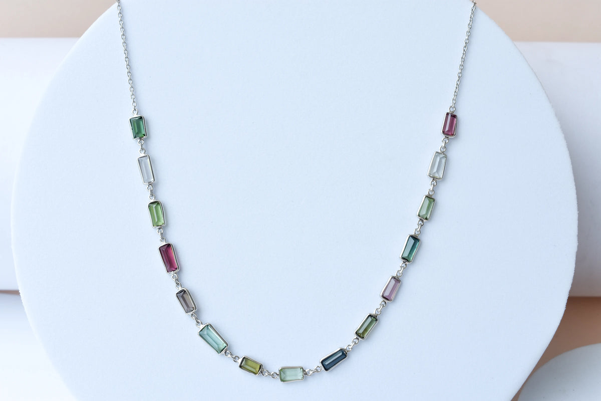 Multi Color Tourmaline Necklace in 925 Silver | Station Design