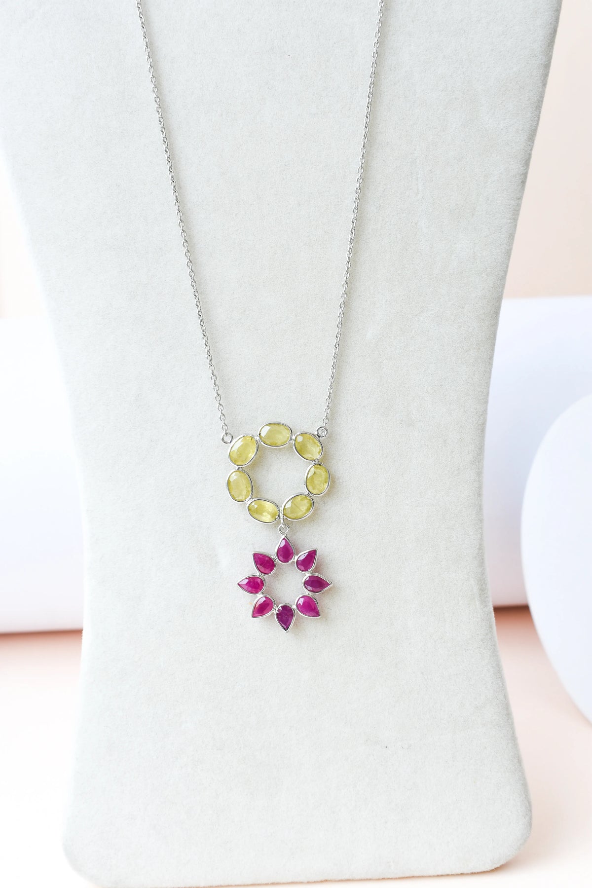 Lemon Quartz Ruby Necklace in 925 Silver | Halo Flower Design