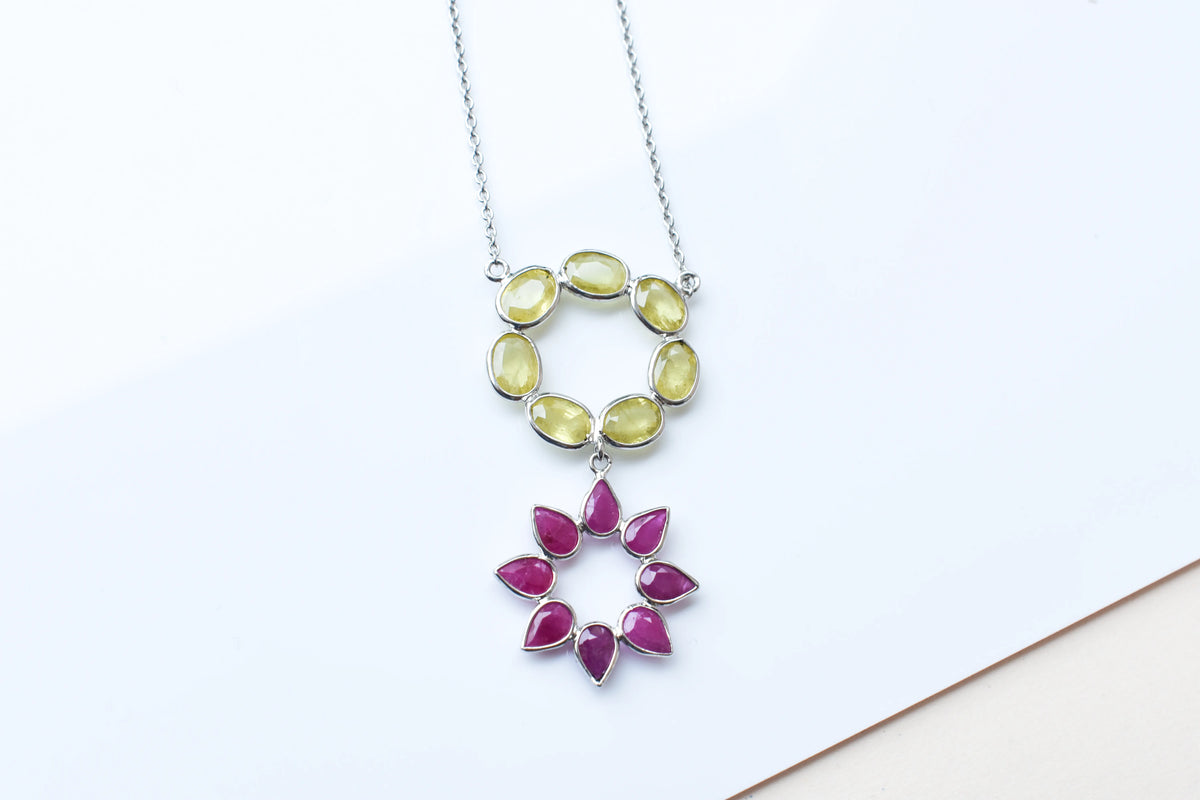 Lemon Quartz Ruby Necklace in 925 Silver | Halo Flower Design