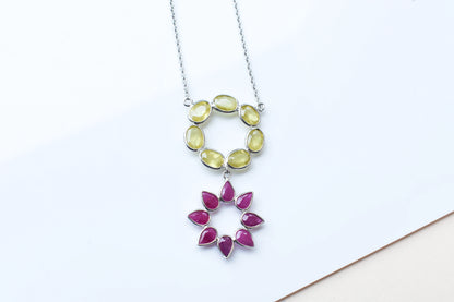 Lemon Quartz Ruby Necklace in 925 Silver | Halo Flower Design