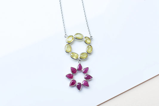 Lemon Quartz Ruby Necklace in 925 Silver | Halo Flower Design