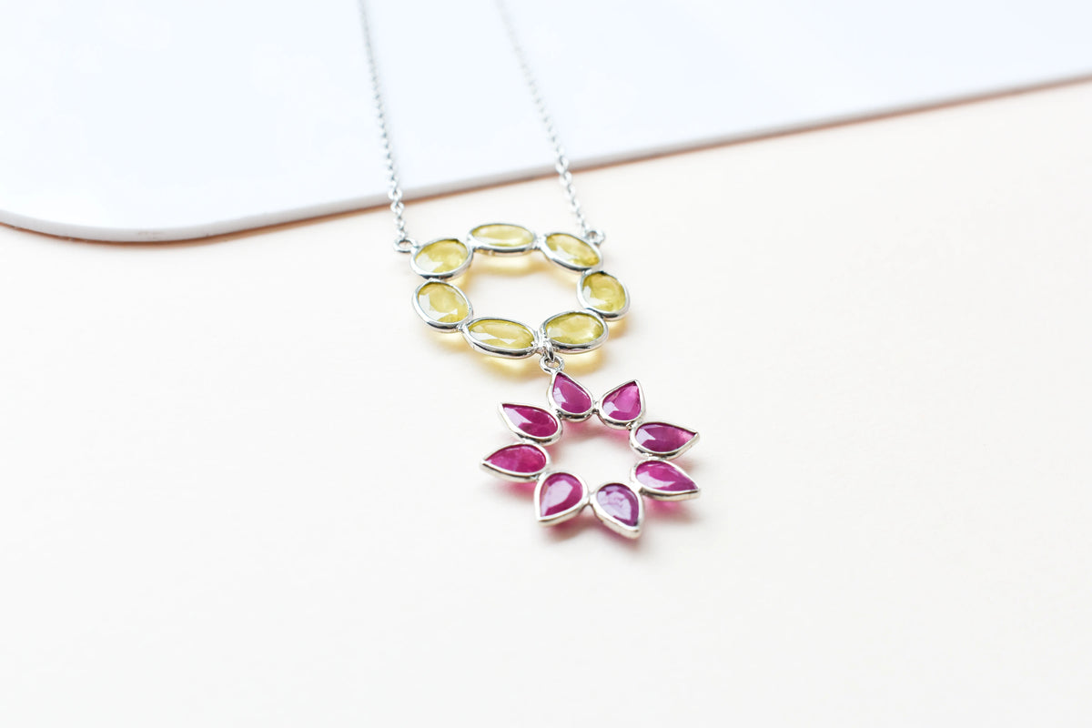 Lemon Quartz Ruby Necklace in 925 Silver | Halo Flower Design