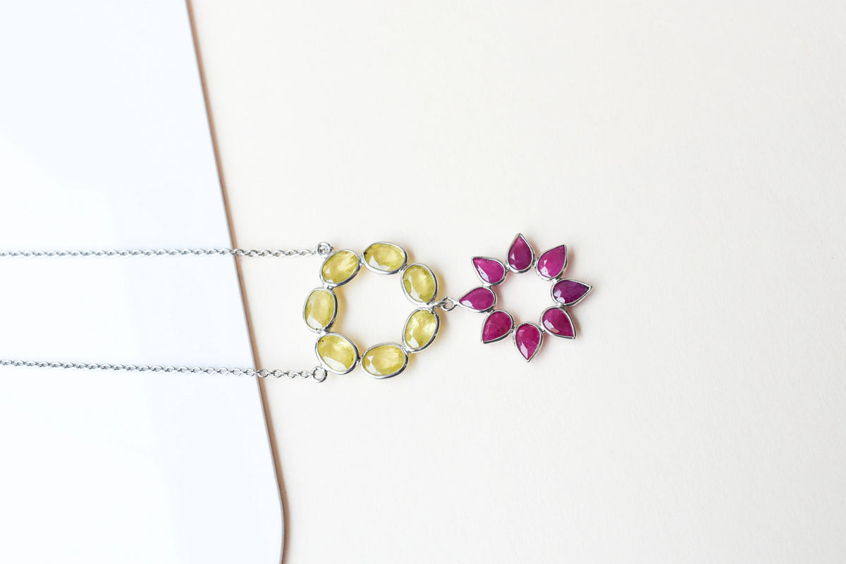Lemon Quartz Ruby Necklace in 925 Silver | Halo Flower Design