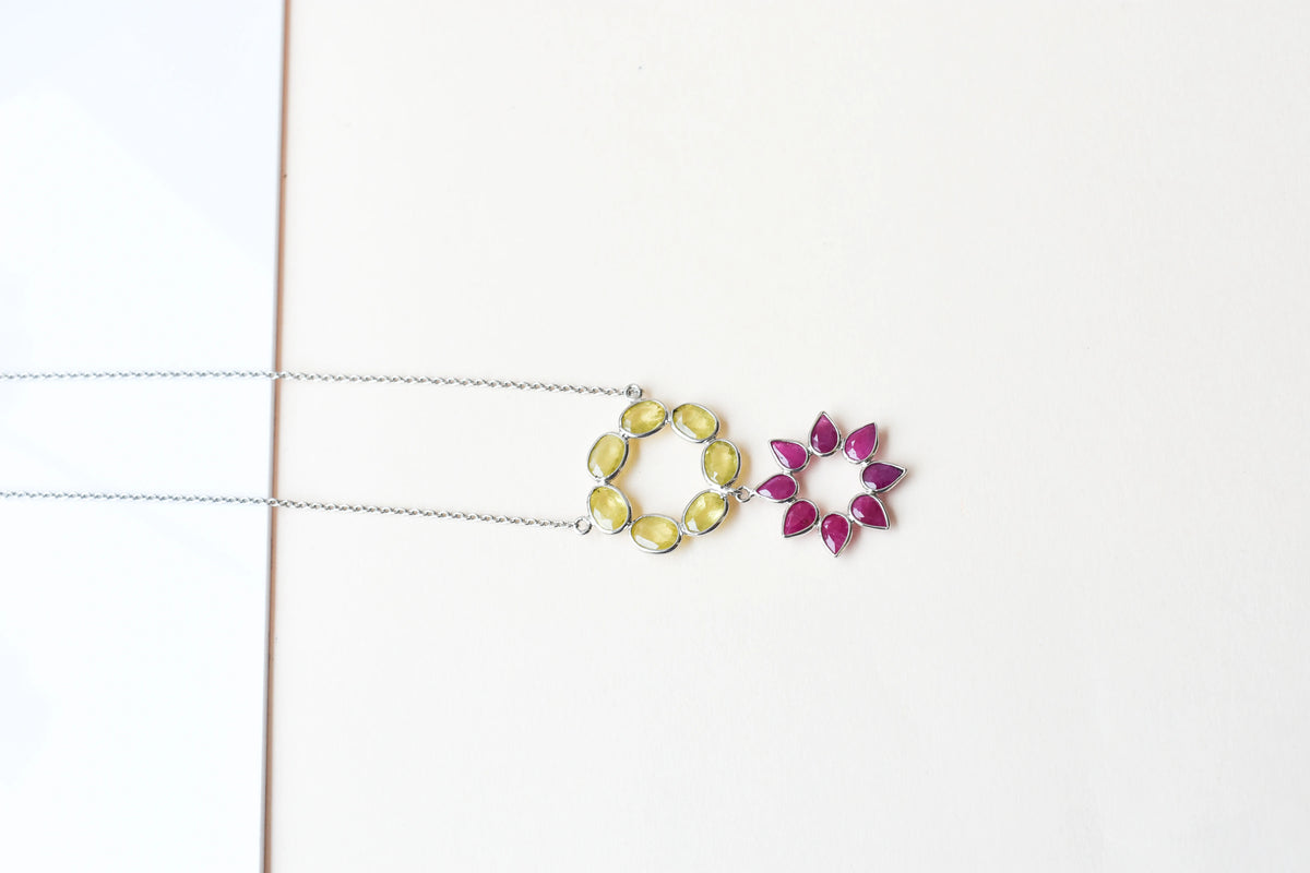 Lemon Quartz Ruby Necklace in 925 Silver | Halo Flower Design