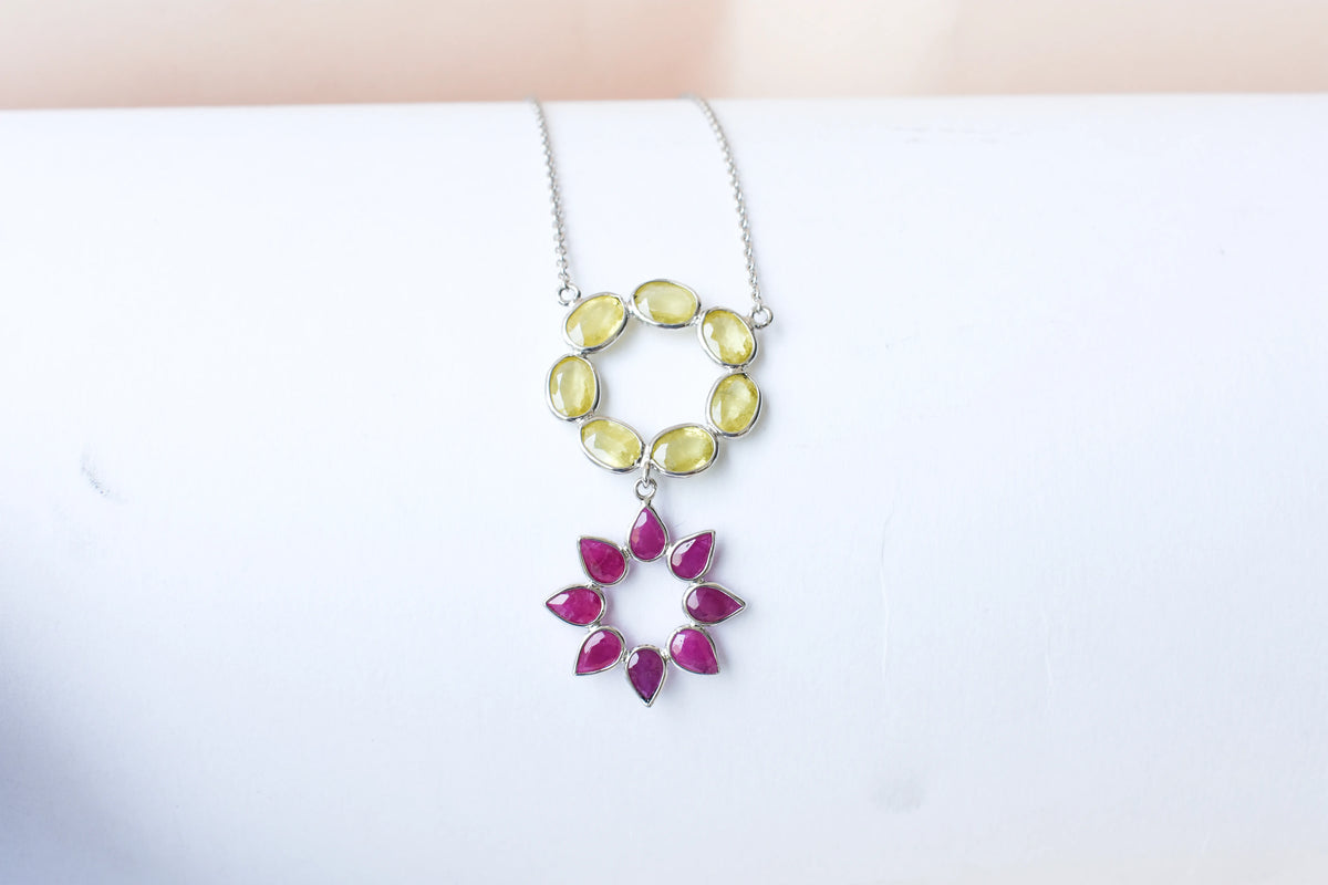 Lemon Quartz Ruby Necklace in 925 Silver | Halo Flower Design