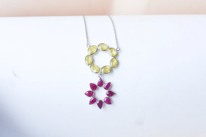Lemon Quartz Ruby Necklace in 925 Silver | Halo Flower Design