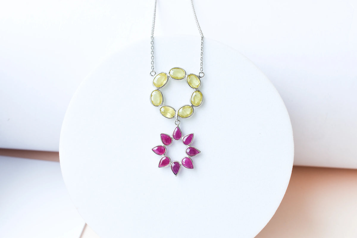 Lemon Quartz Ruby Necklace in 925 Silver | Halo Flower Design