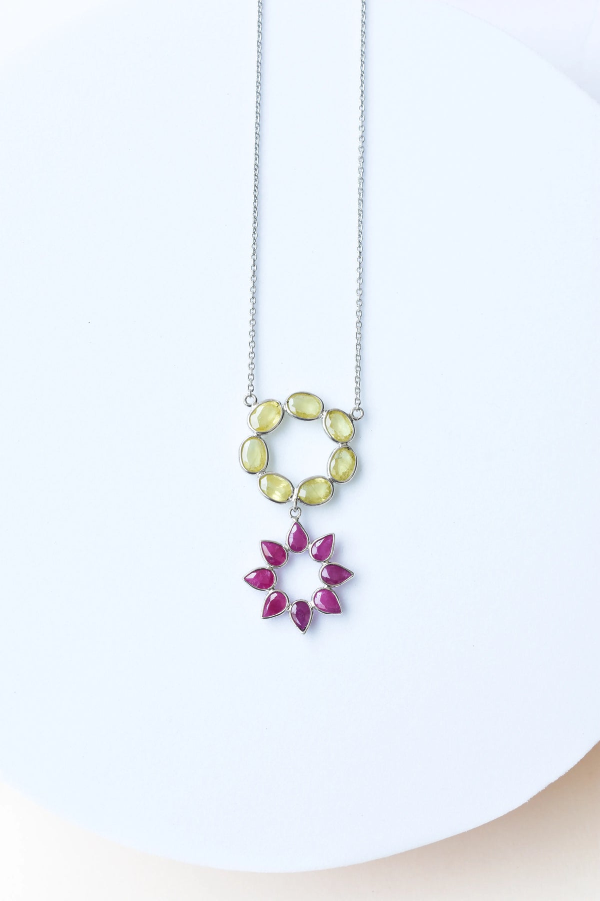 Lemon Quartz Ruby Necklace in 925 Silver | Halo Flower Design