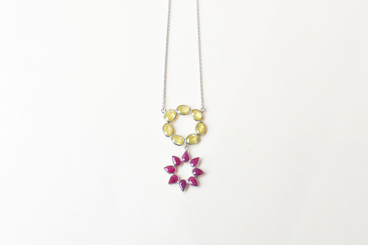 Lemon Quartz Ruby Necklace in 925 Silver | Halo Flower Design